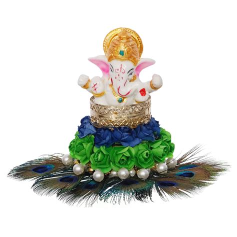 Lord Ganesha Idol on Decorative Handcrafted Floral Plate with Peacock ...