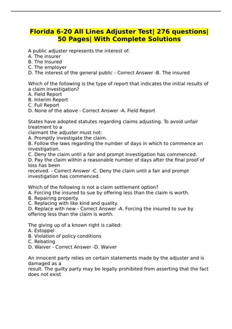 2024 FLORIDA 6-20 ALL LINES ADJUSTER TEST QUESTIONS WITH COMPLETE ...