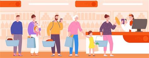 Line at counter supermarket customers linedup queue cashier checkout ...