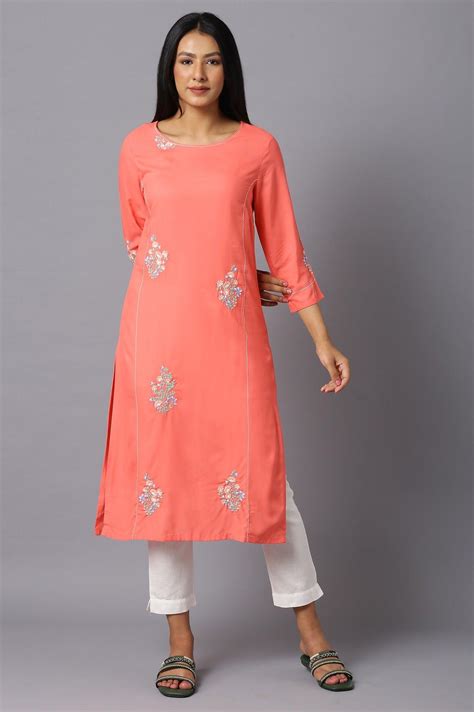 Buy Orange Embroidered kurta In Round Neck Online for Woman | WforWoman
