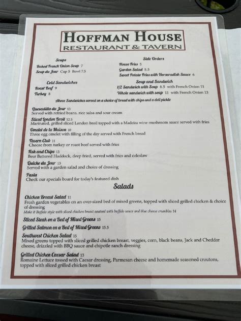 Menu at Hoffman House restaurant, Kingston