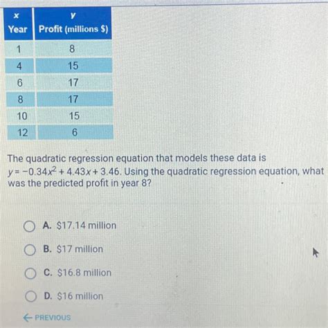 The quadratic regression equation that models these data is y = - 0.34x ...