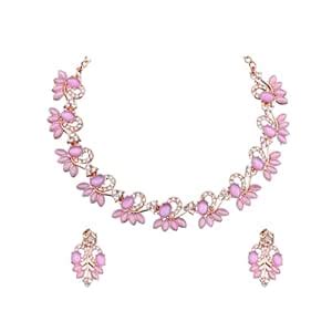 Buy Lavender Pink Stone Rose Gold Plated American Diamond Necklace Set ...