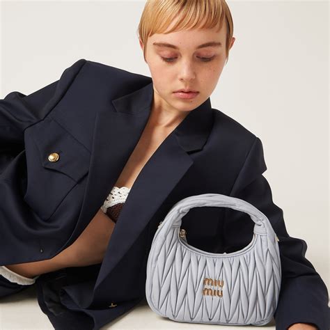 Pearl Gray Wander Matelassé Nappa Leather Hobo Bag | Miu Miu
