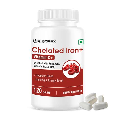 Biotrex Chelated Iron + Vitamin C, B12, Folic Acid & Zinc, Boost Hemog ...