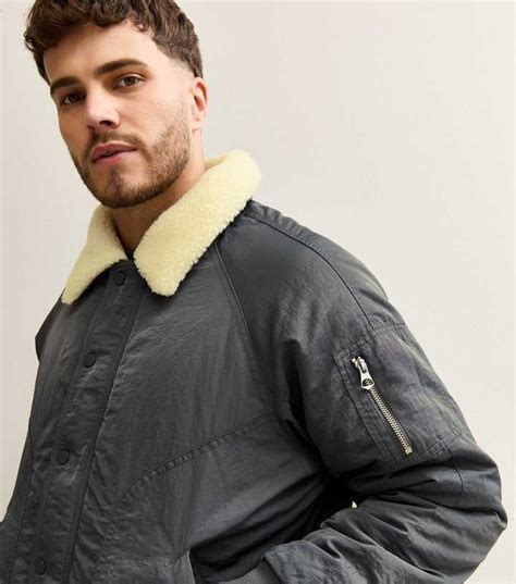 Grey Regular Fit Borg Collar Bomber Jacket | New Look