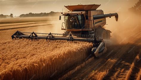 Premium AI Image | Golden wheat harvested at sunset with combine ...