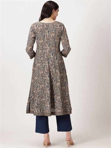 Beige Ethnic Floral Print Anarkali Kurta with Brocade Lace Details ...