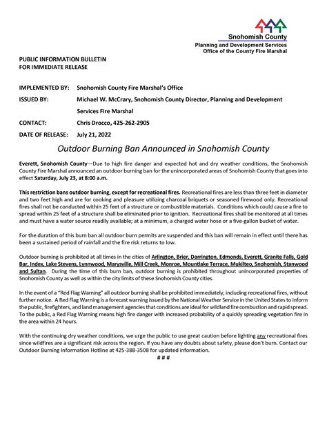 Outdoor Burning Ban For Snohomish County, Notice Date 7-21-2022 - City ...