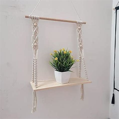 VAH 3 Tier White Wood Rope Hanging Shelf/Rack, Bohemian-Nordic Style ...
