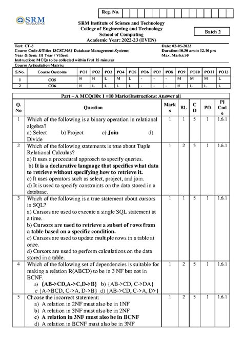CT-3 Batch-2 Database Management System Answer Key - DO NOT OPEN - Studocu