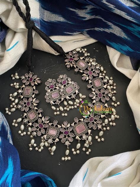 Oxidized Silver Guttapusalu Neckpiece -Pink Red -G293 – vrikshamindia