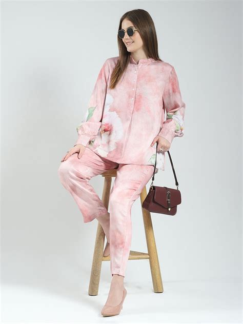 Buy Women Pink Printed Band Neck Full Sleeve Cords Set Online in India ...
