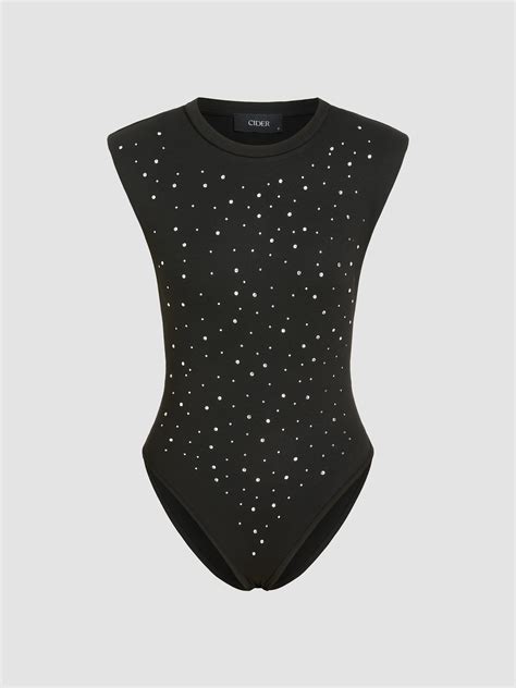 Rib Round Neck Rhinestone Bodysuit For Music Festival/Live House Party ...