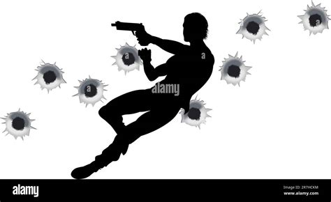 Four figures in action, including a man with a top knot crouching and shooting, a figure in a green