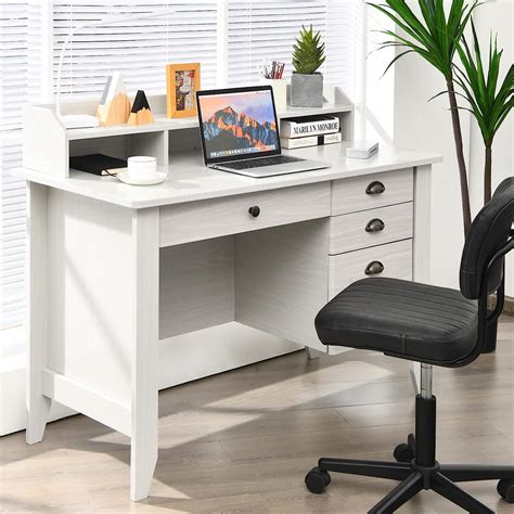 Buy Tangkula White Computer Desk with 4 Storage Drawers & Hutch, Home ...