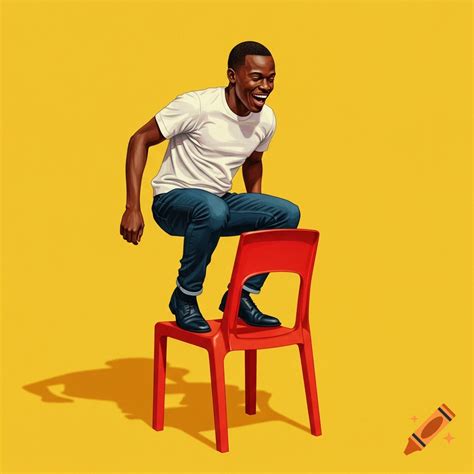 A black man is shown bouncing on a red chair in a room with a checkered ...