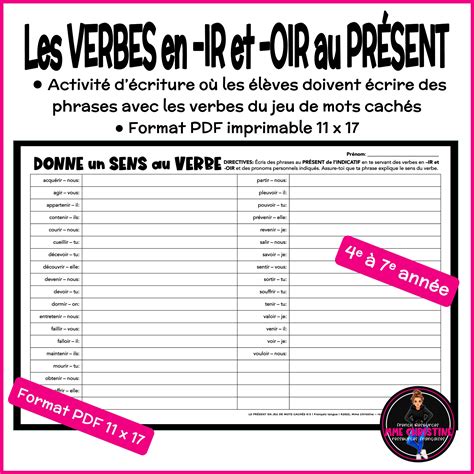 VERBES au présent IR/OIR - Activité de mots cachés 5 – Worksheet French ...