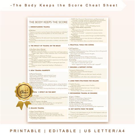 The Body Keeps the Score Cheat Sheet, Trauma Recovery Cheat Sheet, the Body Keeps the Score Key ...