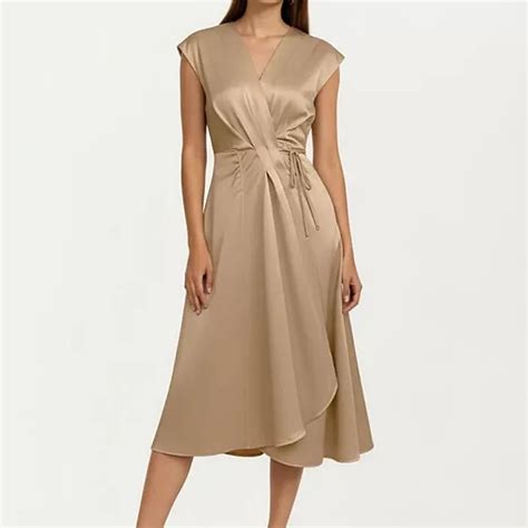 Women's Cap Sleeve Wrap Midi Dress with V Neckline Adjustable Side Tie ...