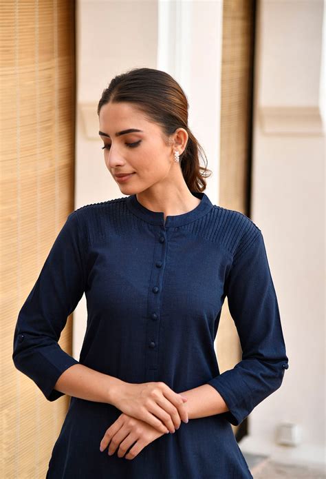 Navy Blue Long Pintuck Cotton Kurta for Women | Available Now – PinkBloom