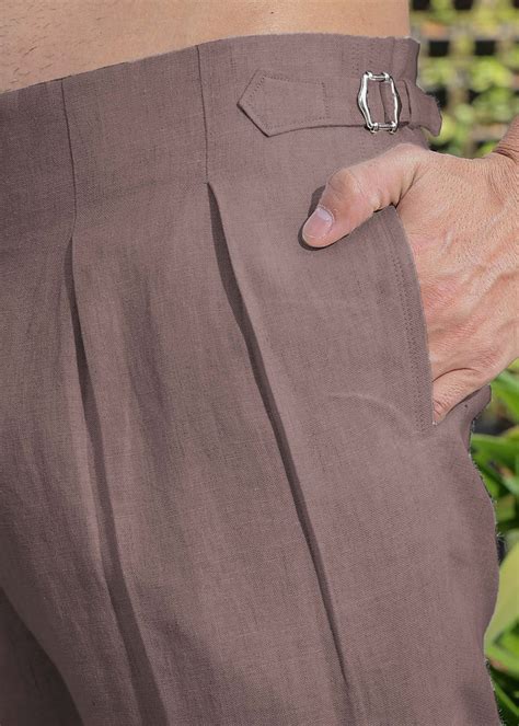 Muted Brown Pure Linen Trousers with Adjustable Waistband for Men ...
