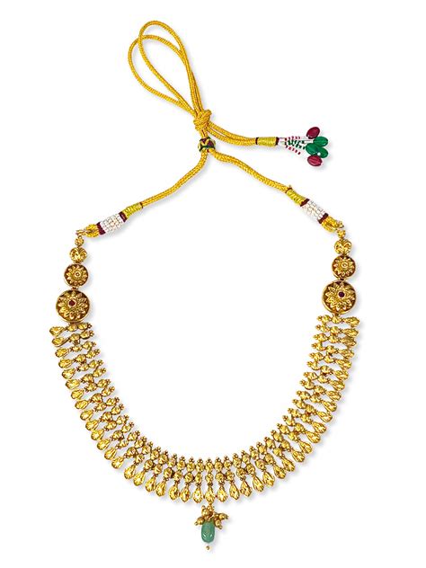 KARATCART Traditional Gold-Plated Floral Engraved Necklace Set with Gr