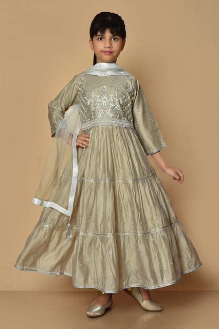 Buy Grey Polyester Embroidered Floral Tiered Anarkali Set For Girls by ...