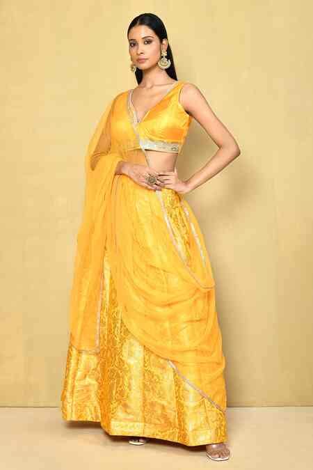 Buy Yellow Brocade, Chiffon Sequins, Lace V-neck Embroidered Blouse ...