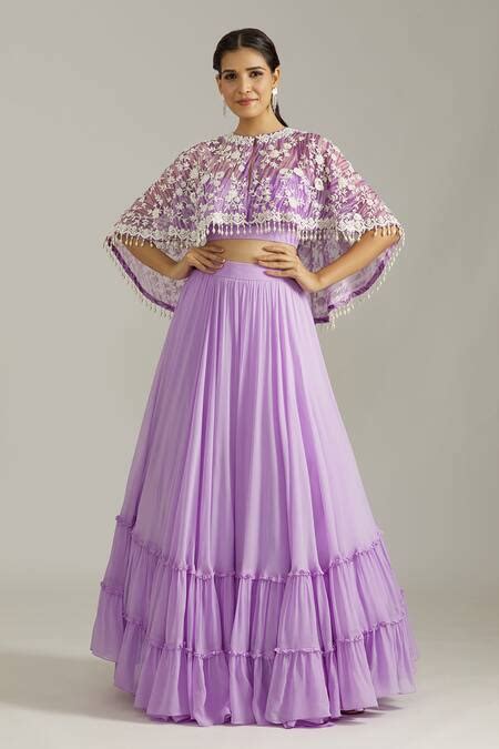 Buy Purple Georgette Pearls Sweetheart Dori Embroidered Tasselled Cape ...