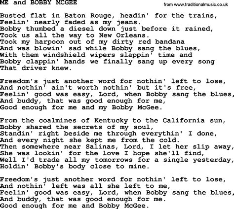 Kris Kristofferson song: Me And Bobby Mcgee.txt, lyrics and chords