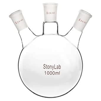StonyLab Glass 3 Neck Round Bottom Flask RBF, with 24/40 Center and ...