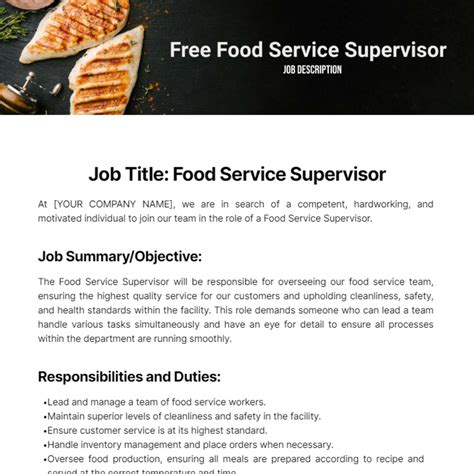Free Food Service Supervisor Job Description Template to Edit Online