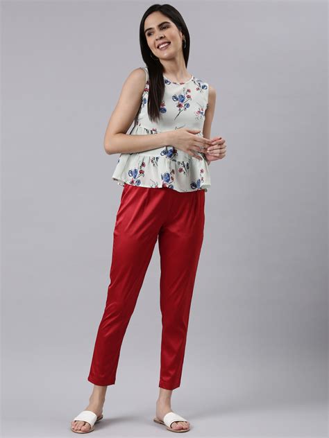Shop Women's Solid Mid-Rise Cherry Shiny Pants - GoColors