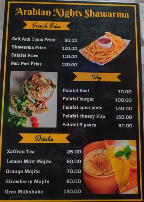 Menu at Arabian Nights Shawarma, Bengaluru