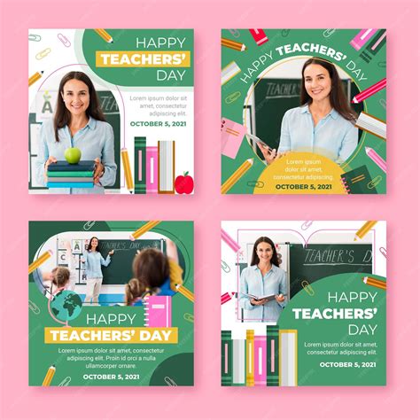 Flat teachers' day instagram posts collection with photo | Premium Vector