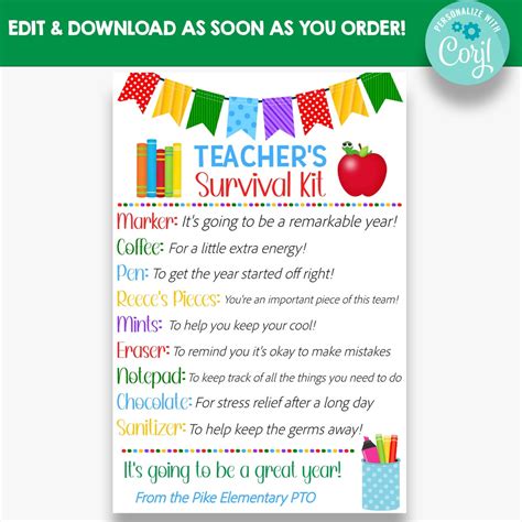 EDITABLE Teacher's Survival Kit Tag | Back to School Teacher Gift Idea ...