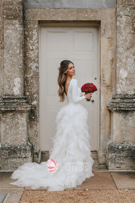 Alluring Jersey Ruffled Organza Long Sleeve Bridal Dress - Lunss