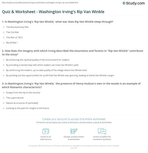 Quiz & Worksheet - Washington Irving's Rip Van Winkle | Study.com