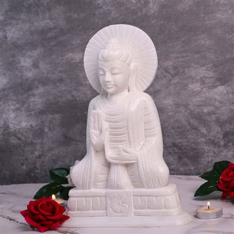 Meditating Buddha, White Marble Statue - Handicraft Bazaar