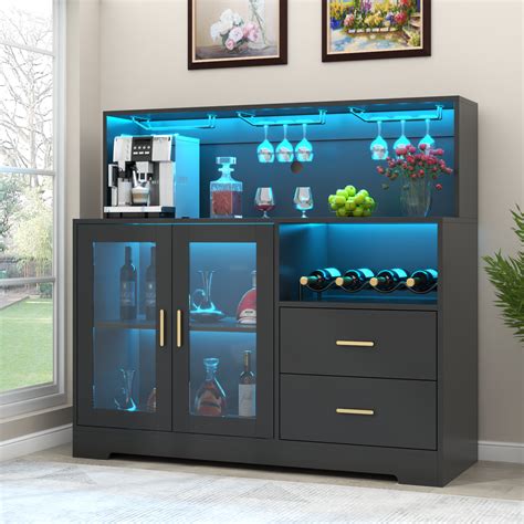 Wrought Studio Heugel Wine Bar Cabinet with LED Light, Home Coffee ...