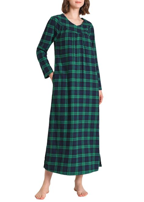 Women's Plaid Flannel Nightgown Long Sleeve V-Neck Nightgown with Pock ...