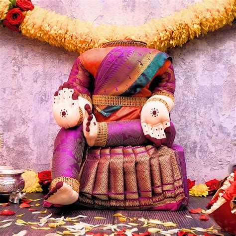 Buy Puja N Pujari Fabric Varalakshmi Idol Light Viloet And Gold Saree ...