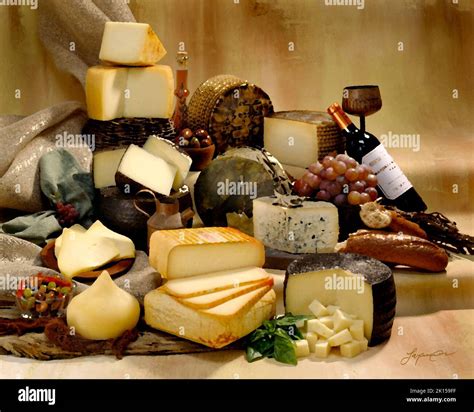 Painterly image of Spanish Cheeses in group color photograph on tan ...