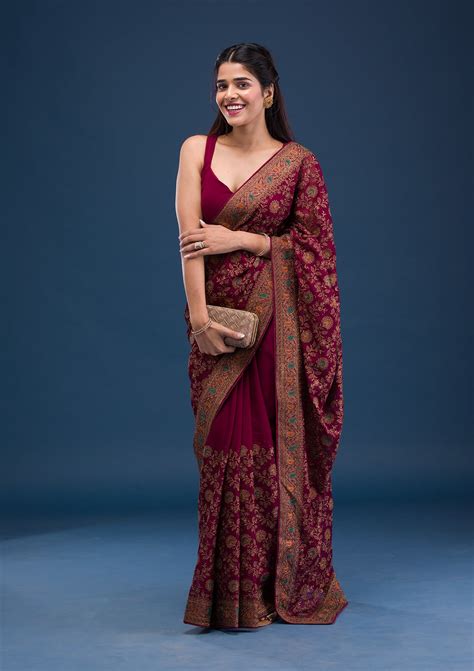 Buy Maroon Zariwork Georgette Saree - Koskii