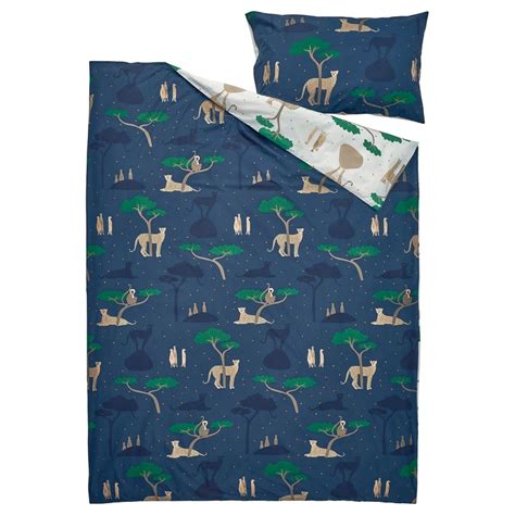 SANDLÖPARE duvet cover and pillowcase, white dark blue/savannah ...