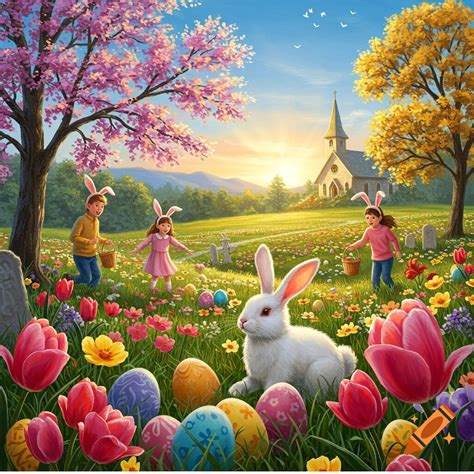 An Easter scene with children, a bunny, and colorful eggs in a field near a church at sunset. on ...