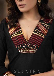 Elegant Black Cotton Silk Kurta With Red & Gold Embroidery On Neckline ...