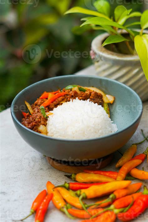 smoke beef with chili and rice 34982216 Stock Photo at Vecteezy