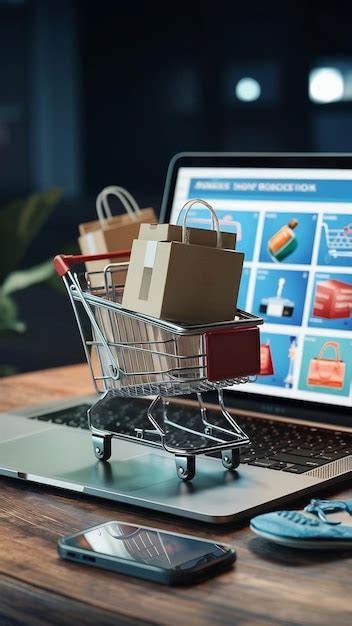 Shopping cart shopping bags and the product box put on the laptop which ...